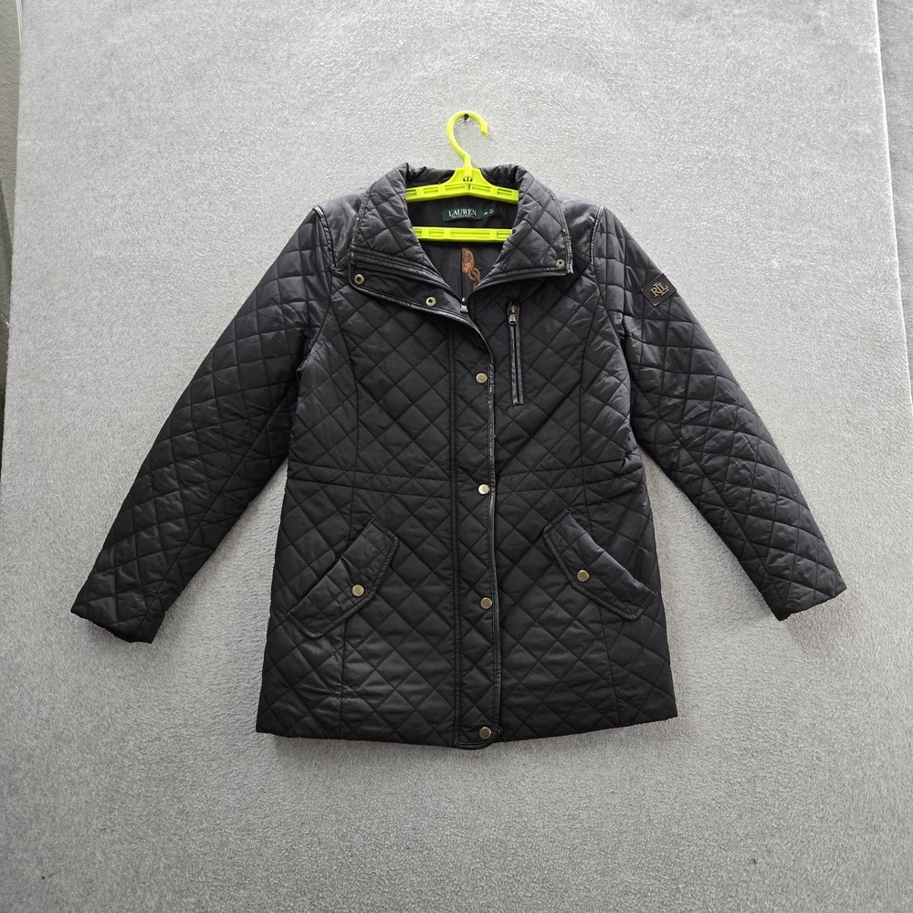 Lauren Ralph Women Jacket PM Black Quilted Equestrian Hooded Coat READ